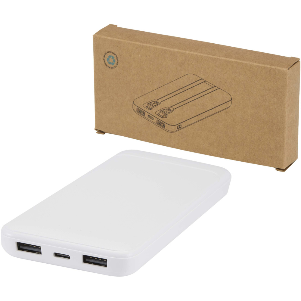 Logotrade Werbegeschenke das Foto: Adhil 10 W 10.000 mAh Powerbank aus recyceltem Kunststoff mit 2 integrierten Kabeln