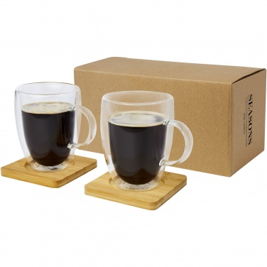 Logo trade corporate gifts picture of: Manti 2-piece 350 ml double-wall glass cup with bamboo coaster 