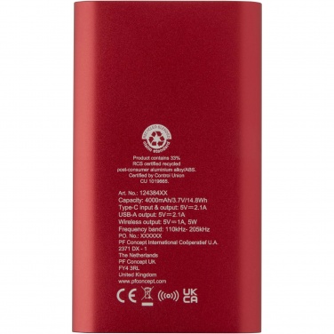 Logo trade promotional giveaways image of: Juice 4000 mAh Type-C recycled aluminium wireless power bank 
