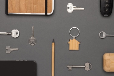 Logo trade promotional gifts picture of: RCS recycled zinc alloy house keychain with bamboo