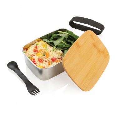 Logo trade business gift photo of: Stainless steel lunchbox with bamboo lid and spork