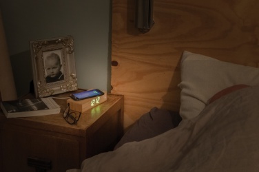 Logo trade corporate gift photo of: Bamboo alarm clock with 5W wireless charger