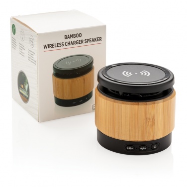 Logo trade promotional merchandise image of: Bamboo wireless charger speaker