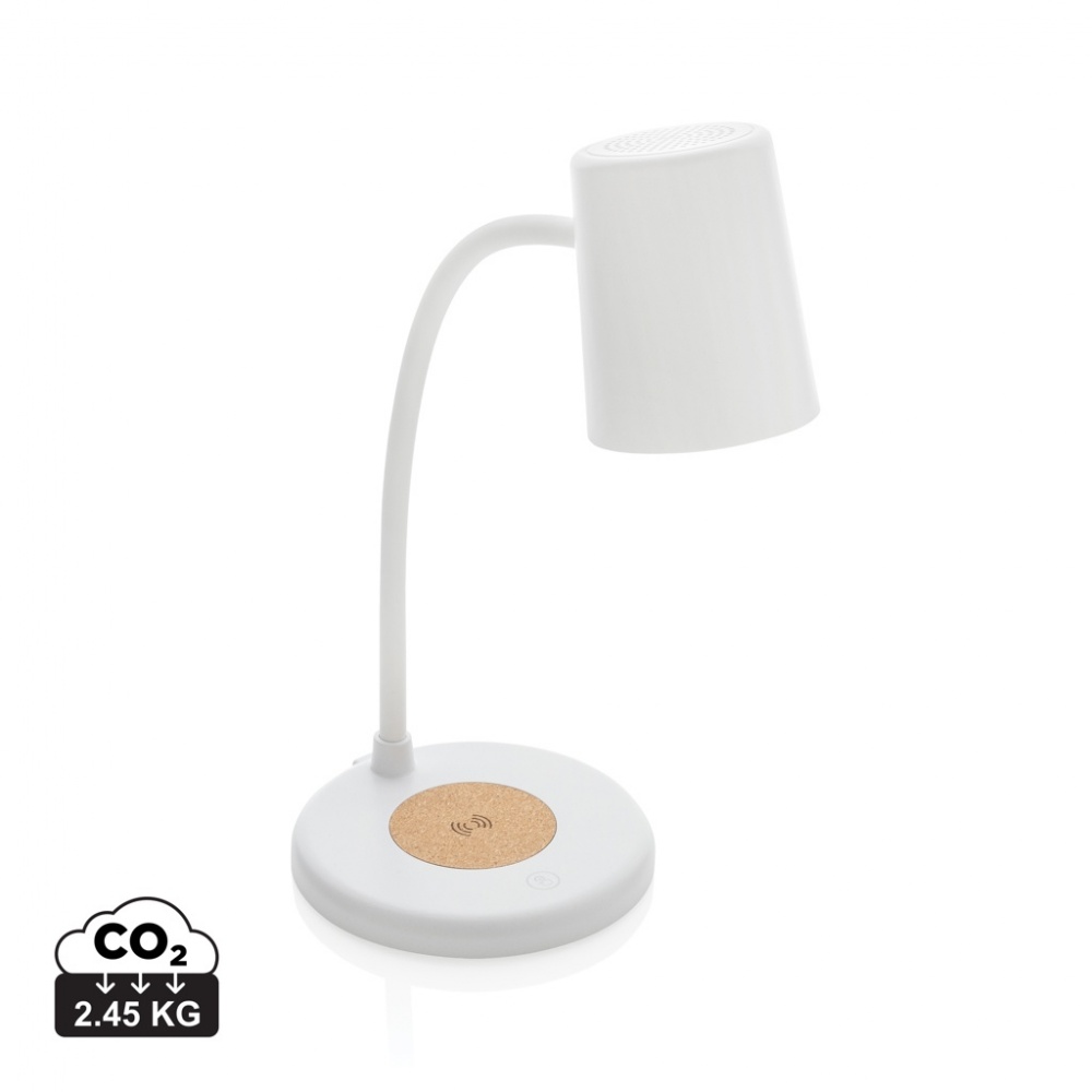 Logo trade promotional products image of: Zenara RCS recycled plastic and cork 15W wireless desk lamp