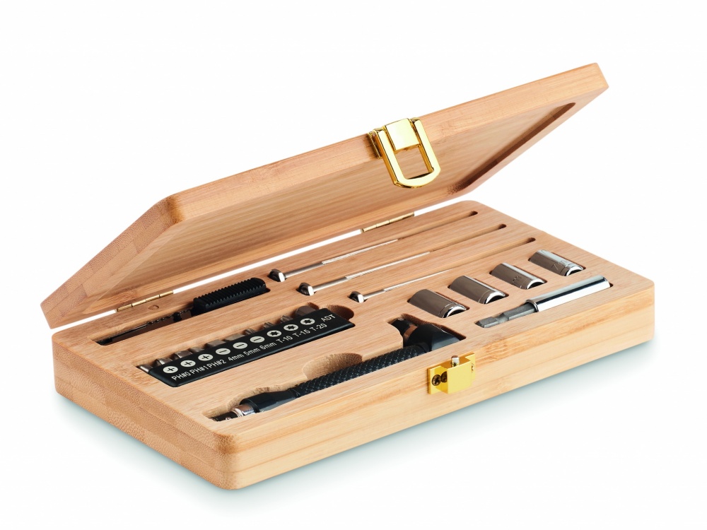Logo trade promotional gifts image of: 21 pcs tool set in bamboo case