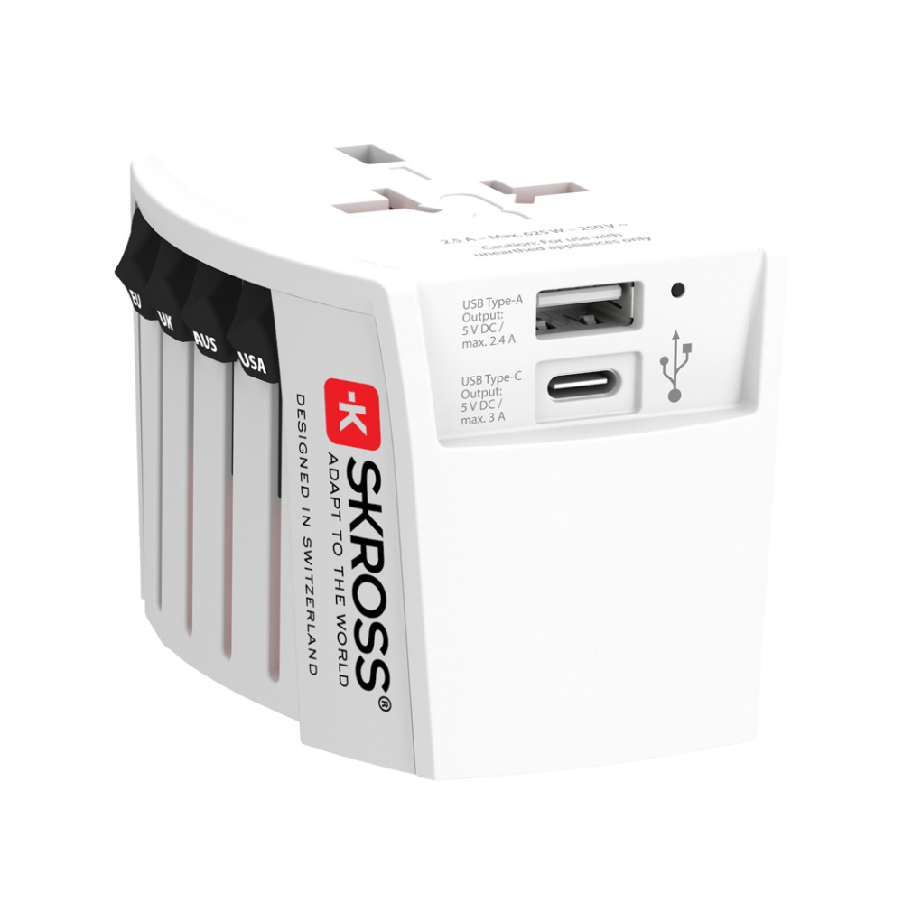 Logo trade advertising product photo of: SKROSS World Travel Adapter MUV 2-pole with USB A and C