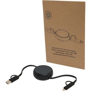 Logotrade promotional product picture of: Alasia 5-in-1 100 cm recycled plastic and aluminium retractable data sync and 45W fast charge cable