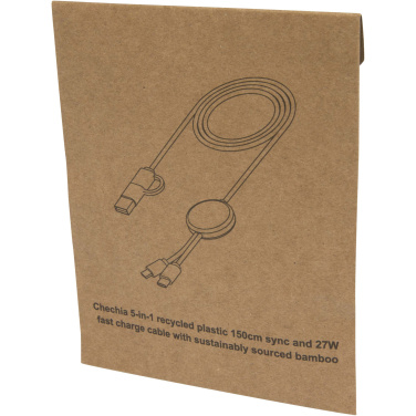 Logo trade promotional gifts image of: Chechia 5-in-1 recycled plastic 150 cm data sync and 27W fast charge cable with bamboo details
