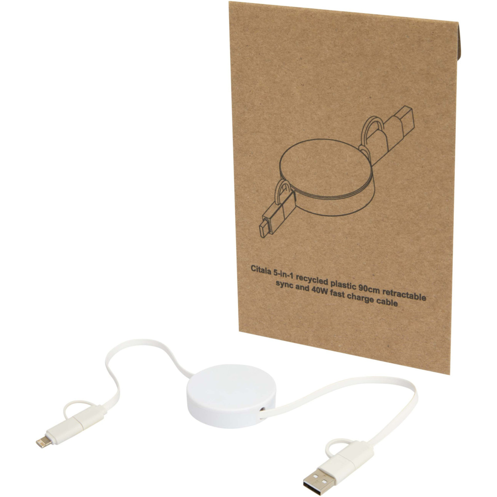 Logo trade promotional gifts image of: Citala 5-in-1 recycled plastic 90 cm retractable data sync and 40W fast charge cable