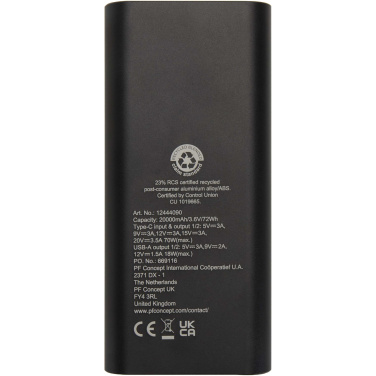 Logo trade promotional merchandise image of: Acamar 20.000 mAh 70W recycled aluminium laptop power bank