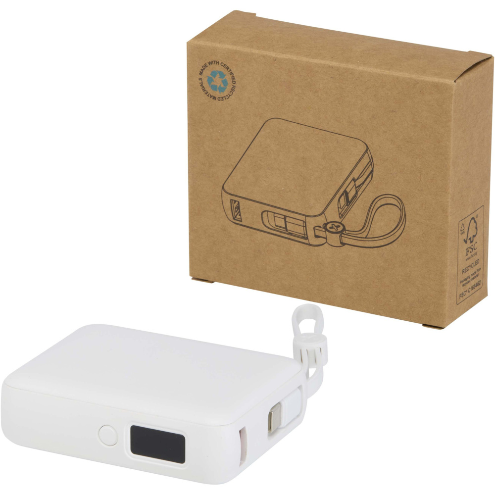Logo trade business gifts image of: Acrux 10.000 mAh 35W tablet power bank with built in Type-C cable - made from recycled plastic