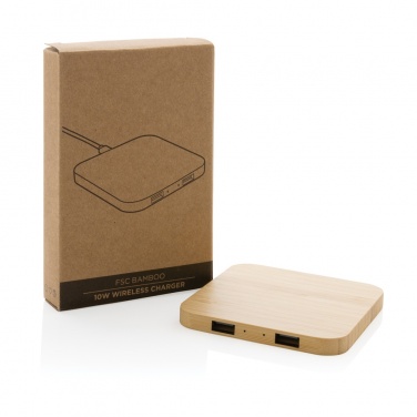 Logo trade liikelahja mainoslahja tuotekuva: 10W bambuinen langaton laturi USB:llä