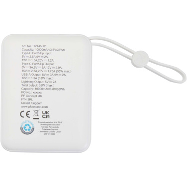 Logo trade liikelahja kuva: Acrux 10 000 mAh:n ja 35 W:n tablettivirtalähde, jossa sisäänrakennettu Type-C-kaapeli – valmistettu kierrätetystä muovista