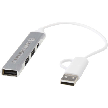 Logotrade reklamprodukter bild: Alkaid 4-portars USB-A- och Typ-C-hubb med dubbla ingångar av återvunnen aluminium